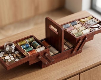 Wooden Expandable Sewing Box Organizer, Foldable Pinewood Sewing Basket with Handle, Craft Storage Case