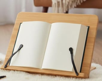 Bamboo Adjustable Book Stand, Portable Reading Holder Organizer with Page Clips