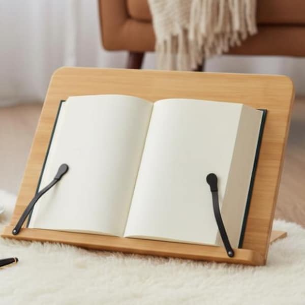 Bamboo Adjustable Book Stand, Portable Reading Holder Organizer with Page Clips
