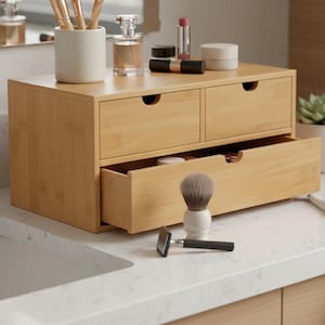 Bamboo Desktop Organizer with Drawers, Small Desk Drawer Organizer for Office Supplies & Home Storage