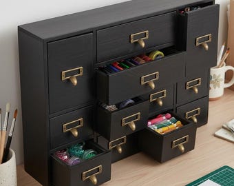 Vintage Style Wooden 12-Drawer Apothecary Cabinet, Desktop Organizer, Black Wood Craft & Office Storage Cabinet