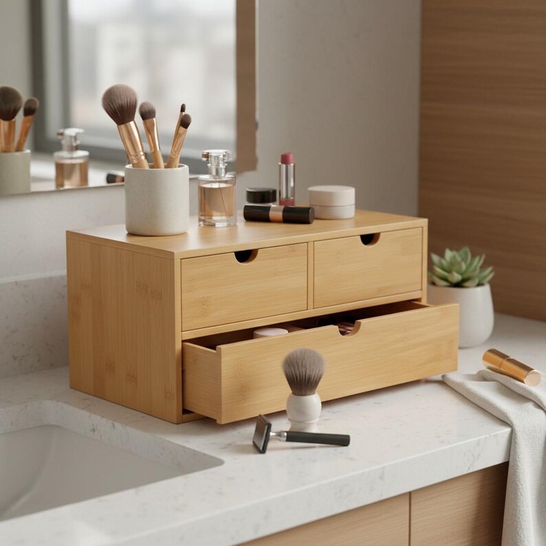 Bamboo Desktop Organizer With Drawers, Small Desk Drawer Organizer for ...