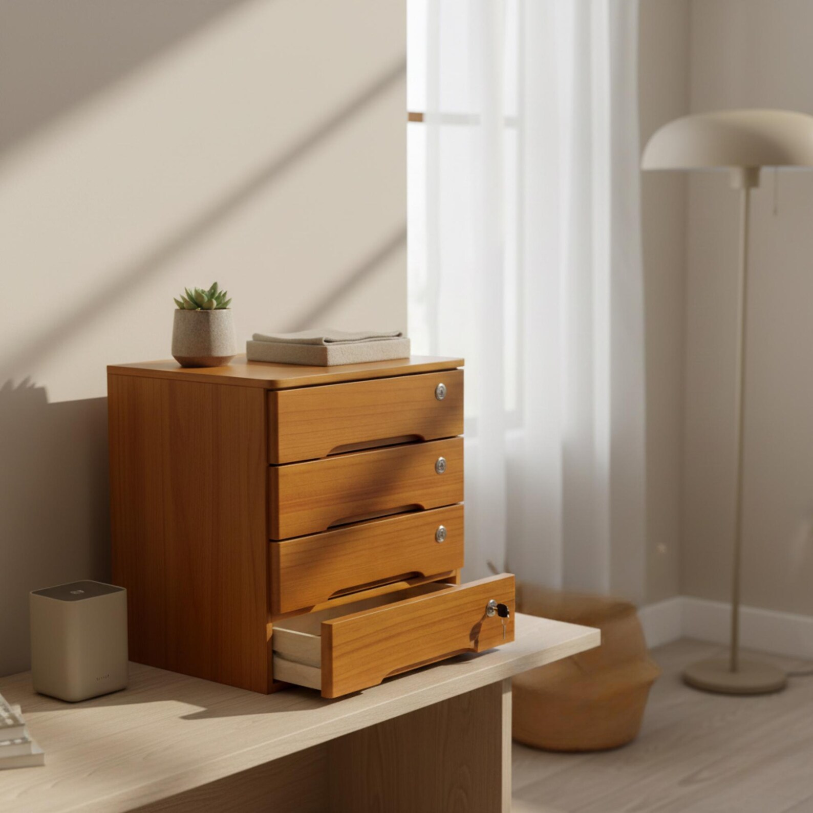 Wood Desktop Storage Cabinet With Lock, 4 Drawer Desk Organizer, Office ...