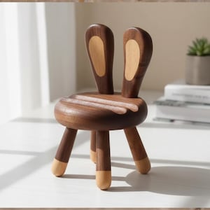 May include: A small, wooden bunny-shaped chair with a dark brown finish. The chair features two upright ear-shaped backrests with light brown inlays. The legs and the tips of the ears are light brown. The chair is designed for decorative purposes.