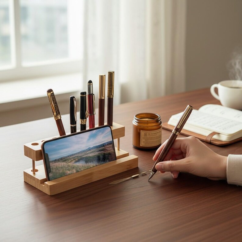 Multifunction walnut desktop organizer with 9 pen slots and phone stand, minimalist wooden office accessory with smooth polished finish, natural wood grain, and space-saving design for tidy workspaces.