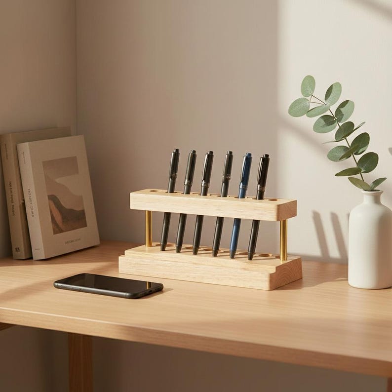 Desktop 9-slot Pen Holder with Phone Stand, Multifunction Walnut Desk Organizer Bild 7