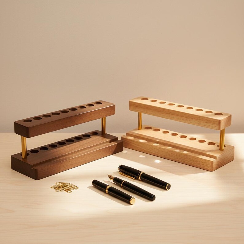 Multifunction walnut desktop organizer with 9 pen slots and phone stand, minimalist wooden office accessory with smooth polished finish, natural wood grain, and space-saving design for tidy workspaces.