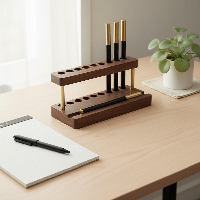 Multifunction walnut desktop organizer with 9 pen slots and phone stand, minimalist wooden office accessory with smooth polished finish, natural wood grain, and space-saving design for tidy workspaces.
