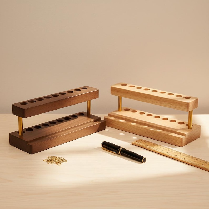 Multifunction walnut desktop organizer with 9 pen slots and phone stand, minimalist wooden office accessory with smooth polished finish, natural wood grain, and space-saving design for tidy workspaces.