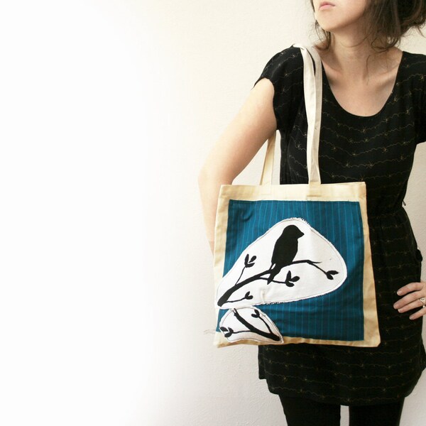 Birdy Screenprinted Tote with Pocket // Upcycled // Beach Bag // Shopping Bag // Laptop Bag