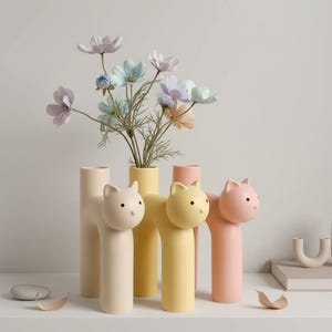 Vaso tubolare a forma di gatto kawaii – Vaso di fiori in ceramica per la casa
