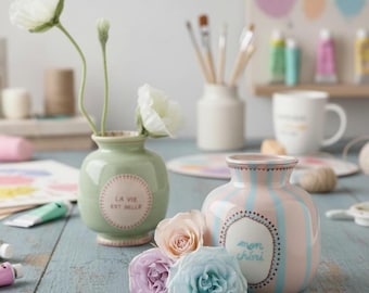 Candy Color Ceramic Vase – Handprint Stripe, Tabletop Bud Vase, Home Decor