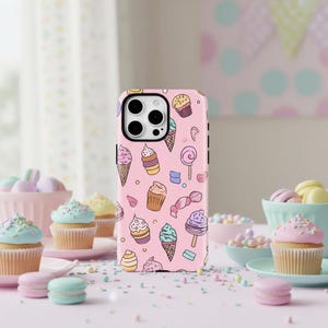 May include: Pink phone case with a repeating pattern of cupcakes, ice cream cones, lollipops, and candies. The case is surrounded by cupcakes, macarons, and candy in a pastel color palette.