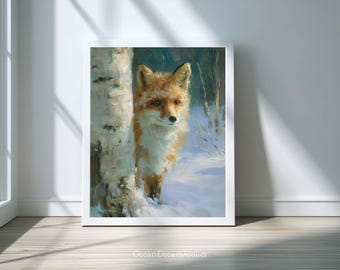 Pintura de zorro invernal en un bosque nevado, arte de vida silvestre acogedor imprimible para decoración del hogar