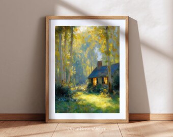 Forest Cabin Landscape Print Serene Cottage in the Trees Rustic Nature Wall Art Printable