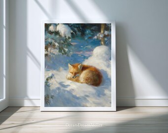 眠っている冬のキツネの雪の森の動物アート 居心地の良い自然画 印刷可能な壁飾り