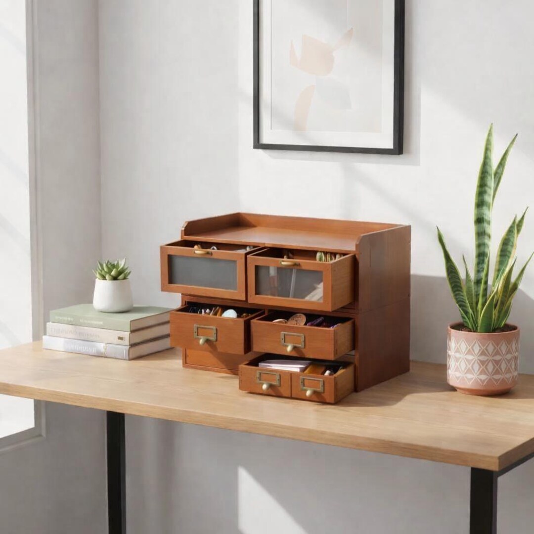 Vintage Wooden Desktop Storage Cabinet, Rustic Organizer With Drawers ...