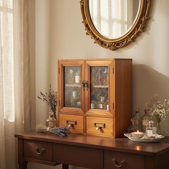 Wooden Fragrance Display Cabinet with Drawers – Luxury Perfume Organizer Storage for Dresser or Vanity