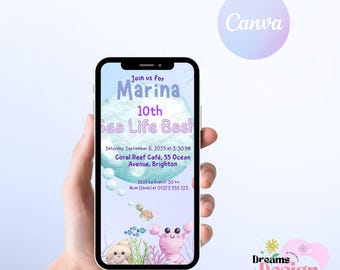 Editable Sea Life Birthday Invitation, Under the Sea Party, Ocean Animals Kids Birthday Template, Instant Download, Canva Editable invite