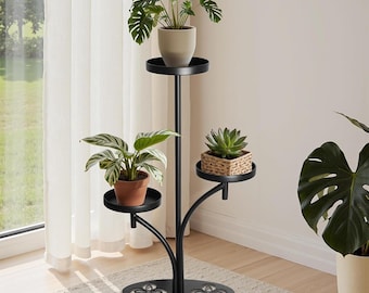 Suporte para plantas de 3 níveis, preto, alto, moderno, em metal.