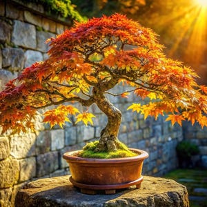 May include: A vibrant bonsai tree with fiery red and orange leaves, set in a brown ceramic pot. The tree sits atop a stone, with a textured stone wall in the background. The sun shines brightly, illuminating the scene.