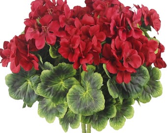 Arbusto artificial de gerânio vermelho – Flores artificiais de seda para decoração de jardins e pátios.