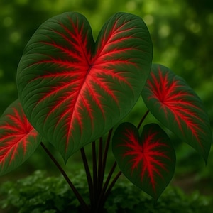 May include: Close-up of a cluster of Caladium leaves. The leaves are heart-shaped with a dark green base and striking red veins radiating from the center. The stems are a deep burgundy, set against a blurred green background.
