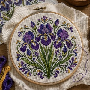 May include: A cross-stitch embroidery project in a round wooden hoop featuring a symmetrical floral design of purple and yellow irises with green leaves on off-white Aida fabric, accompanied by a printed pattern chart and embroidery floss.