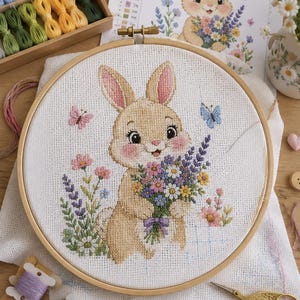 Puede incluir: Un bastidor de bordado redondo de madera que contiene un proyecto de punto de cruz sobre tela blanca. El diseño presenta un conejo marrón claro sosteniendo un ramo de flores coloridas, rodeado de pequeñas mariposas rosas y azules.