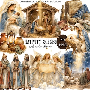 May include: A collection of watercolour clipart featuring nativity scenes, including Mary with the infant Jesus, Joseph, the three wise men, angels holding a scroll, a stable with a donkey and ox, and various religious artefacts like chests and lamps.