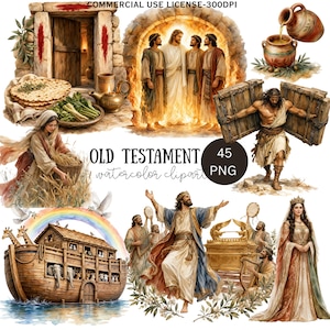 Könnte beinhalten: Eine Sammlung von Aquarell-Cliparts zum Alten Testament mit biblischen Szenen, darunter die Arche Noah mit einem Regenbogen, Figuren in Gewändern, eine Person, die Holztüren trägt, eine Königin und religiöse Artefakte. Der Text lautet Old Testament watercolor clipart.