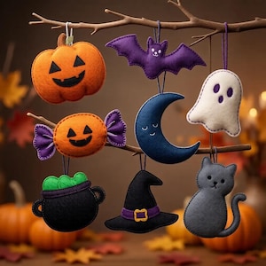 Mönster av filtdekorationer, sömnadsmall för Halloween-spöken (8 PDF-nedladdningar)