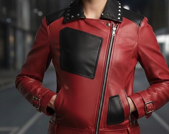 Handgefertigte Rote Leder Bikerjacke mit Print Art - Damen Herbstmode