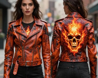 May include: A brown and orange leather jacket with a flame and skull design on the back. The jacket has a belted waist, zipper closure, and studded accents. The model is wearing a black t-shirt with a flame graphic.