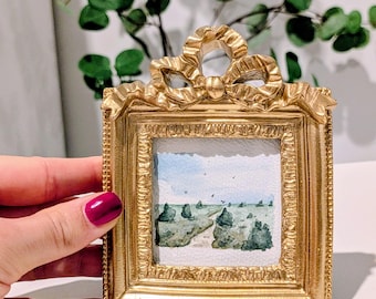 Pintura de paisaje en miniatura, regalo original hecho a mano, paisaje rural, acuarela original enmarcada.