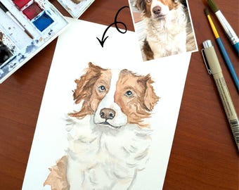 Retrato personalizado en acuarela de un perro, caballo o gato - Pintado a mano a partir de fotos - Regalo para mascotas