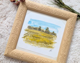 Cuadro de paisaje en acuarela enmarcado sobre madera, pintura original, decoración de pared inspirada en la naturaleza, arte hecho a mano, regalo original, idea para regalo.