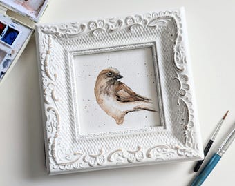 Pintura de acuarela original enmarcada (madera moldeada) - Retrato de pájaro - Regalo hecho a mano - Decoración de pared natural