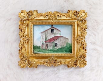 Regalo original: Acuarela en miniatura enmarcada - Casa de campo - Obra de arte original hecha a mano