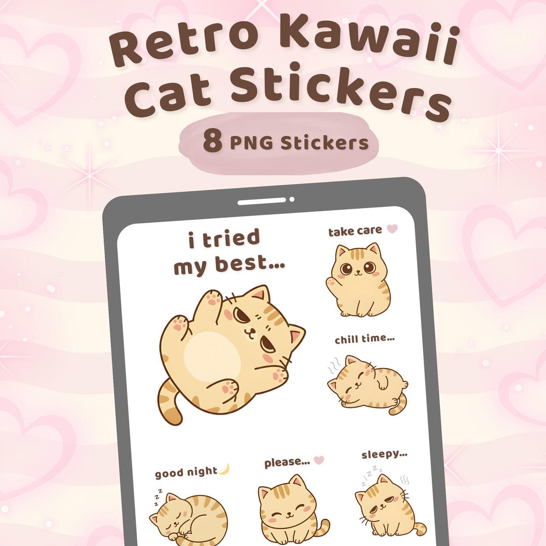 Kawaii Cat Digital Stickers | Daily Mood Pack | 8 Retro Kawaii Cat PNG ...