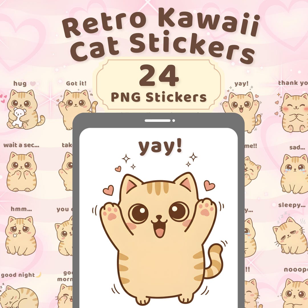 Etro Kawaii Cat Digital Stickers | 24 PNG Full Pack | Cute Kitty ...