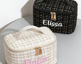 Checkered Cosmetic Bag with Handle, Large Capacity Travel Toiletry Organizer, Zipper Makeup Case,Portable Skincare Storage Bag,Makeup Pouch