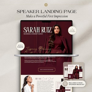 Op de afbeelding: Een digitale landingspagina-sjabloon voor sprekers op een laptopscherm, met een donkerrood kleurenschema, de naam Sarah Ruiz, Business & Mindset Coach, en tekstsecties voor professionele diensten, inclusief een 5-pagina sprekers mediakit.