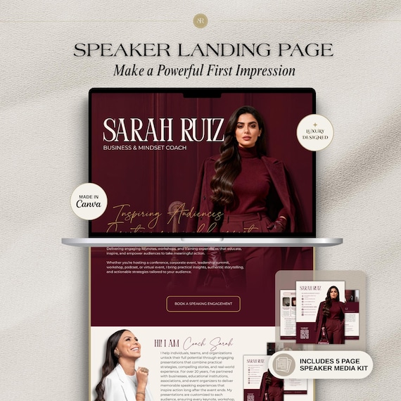 Burgundy Speaker Website Template, Luxury Coach Landing Page (Canva)