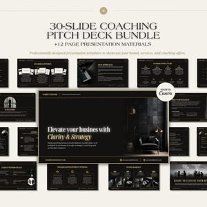 Puede incluir: Un paquete de presentación de coaching con 30 diapositivas y 12 materiales. El diseño es negro y dorado, con el texto "Elevate your businesses with Clarity & Strategy". Plantillas diseñadas para mostrar marcas, servicios y ofertas de coaching.