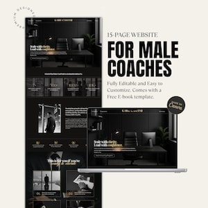 May include: A laptop screen showing a dark-themed website design, with the text "FOR MALE COACHES." The design includes sections for business growth and a free e-book template. The website is fully editable and easy to customise.