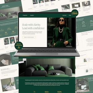 May include: A laptop displays a website with a green and white color scheme. The website promotes coaching services with the text "Scale with clarity. Lead with confidence." A woman in a green suit is featured. Additional pages and graphics are visible.