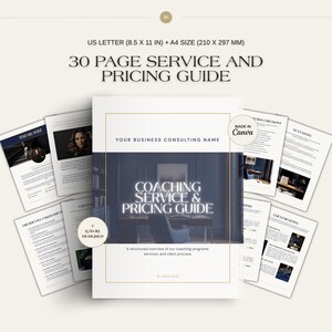 May include: A white and gold 30-page service and pricing guide with the text "Coaching Service & Pricing Guide". The guide is US Letter size (8.5 x 11 inches) and A4 size (210 x 297 mm). Additional pages are visible around the main guide.