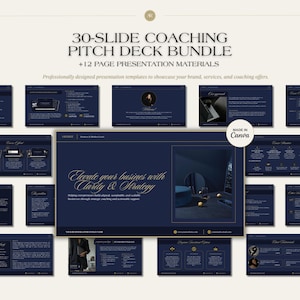 May include: A navy blue coaching pitch deck bundle with 30 slides and 12 presentation materials. The text reads "Elevate your business with Clarity & Strategy". The design is professionally made in Canva.