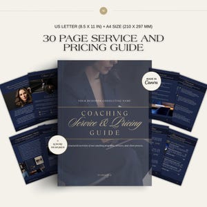May include: A navy blue and gold Coaching Service & Pricing Guide, with the text "30 Page Service and Pricing Guide". The guide is US Letter size (8.5 x 11 in). The cover reads "Coaching Service & Pricing Guide".